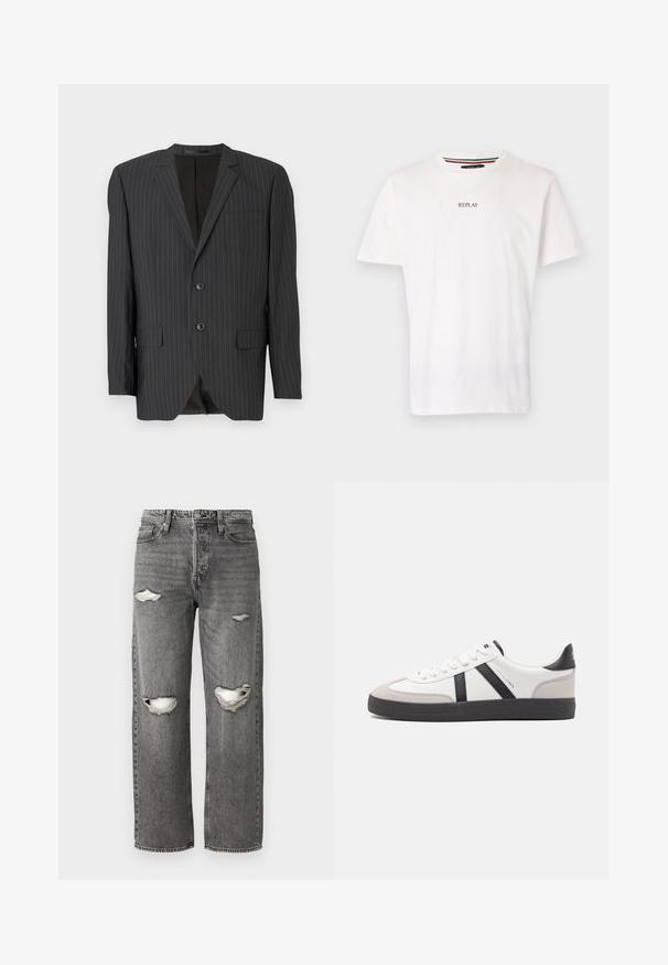 Sort blazer med smalle striber, to-knaps lukning, klapkraver, sidelommer, enkelt brystlomme og foret inderside. Skræddersyet pasform.; Hvid bomulds t-shirt med v-hals, korte ærmer, og en lille "REPLAY" trykt på brystet. Glat tekstur, afslappet pasform.; Grå denimjeans med løs pasform, der har slidte knærevner, et klassisk fem-lomme design og lynlåslukning.; Hvide sneakers med sorte og grå detaljer, med en tekstureret grå tåhætte, sort gummisål og flade hvide snørebånd. Rent design, minimalistisk stil.