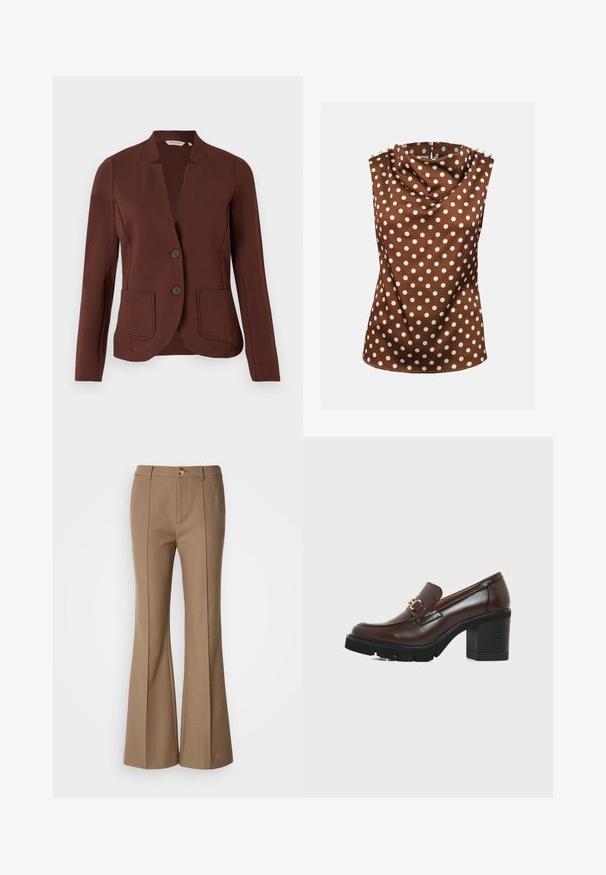 Blazer marron sur mesure en tissu côtelé, avec un col en pointe, deux poches avant et une fermeture à deux boutons.; Blouse marron sans manches avec des pois blancs, col haut drapé et boutons décoratifs aux épaules.; Pantalons évasés marron avec une texture lisse, dotés d'une fermeture à bouton sur le devant et de coutures verticales pour une meilleure structure.; Mocassin marron en cuir à talon haut avec semelle noire épaisse et boucle décorative dorée sur fond blanc uni.