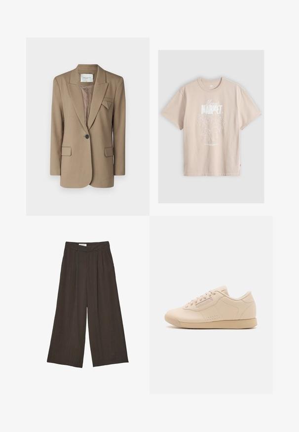 Brun blazer med et struktureret design, enkelt knaplukning, to forlomme og en trekantet akcent på kraven. Tekstureret stof.; Beige kortærmet t-shirt med hvid blomsterlinie og teksten "flower MARKET" på forsiden. Rund halsudskæring og afslappet pasform.; Mørkebrune bukser med vide ben, frontfolder, sidelommer og en linning med bæltestropper.; Lysebrune læder sneakers med rund tå, flad gummisål, seks snørrehuller og subtile perforeringer langs siderne. Enkel, strømlinet design.