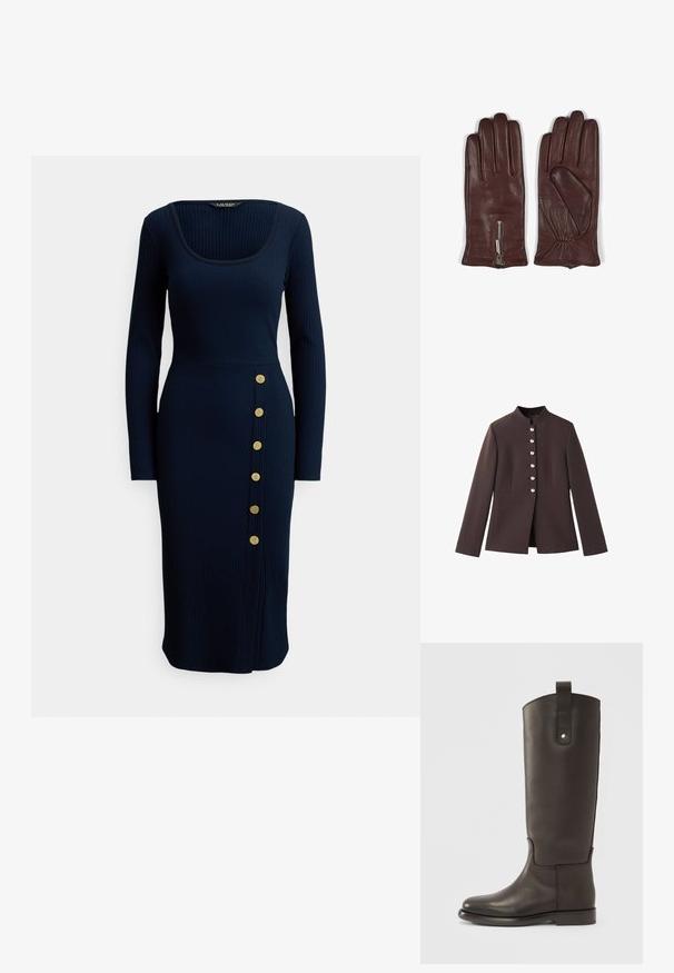 Chaqueta marrón oscura con un cuello alto, presenta un cierre frontal de seis botones con acentos de aspecto perlado y mangas largas. Ajuste entallado.; Vestido midi azul marino acanalado con escote cuadrado y mangas largas, con detalle de botones laterales con seis botones dorados.; Botas altas de cuero marrón oscuro con un acabado liso, punta redondeada y un acento marrón en contraste. Cuentan con una correa lateral con un broche metálico.; Guantes de cuero marrón con una textura suave, diseño de cinco dedos y un acento de cremallera en la muñeca con detalle de tela fruncida.