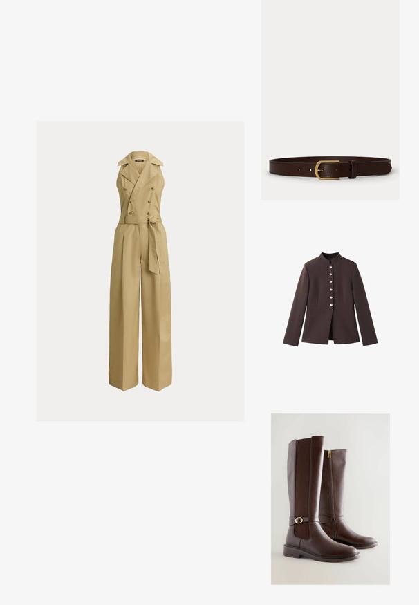 Mørkebrun jakke med høj krave, der har en seks-knaps lukning med perle-lignende detaljer og lange ærmer. Tætsiddende pasform.; Beige buksedragt med vide ben, dobbeltspændt design, store revers og bælte i taljen. Fremstillet af et glat, struktureret stof.; Brune læderknæhøje støvler med et tekstureret panel, sidelukning og detalje i guldfarvet spænde. Rund tå og lav blokhæl-design.; Brunt læderbælte med guldfarvet metalspænde og syede kanter, lagt fladt på en hvid baggrund.