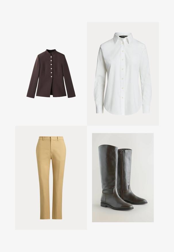 Chaqueta marrón oscura con un cuello alto, presenta un cierre frontal de seis botones con acentos de aspecto perlado y mangas largas. Ajuste entallado.; Camisa blanca de manga larga con botones, con cuello clásico y botones delanteros visibles, mostrada sobre un fondo liso.; Pantalones beige de pierna recta con presillas para cinturón, cremallera frontal y pliegues ajustados sobre un fondo liso y claro.; Botas altas de cuero marrón con un diseño elegante, punteras puntiagudas y cremallera lateral. Tacón plano y detalles de costura sutiles acentúan el estilo.