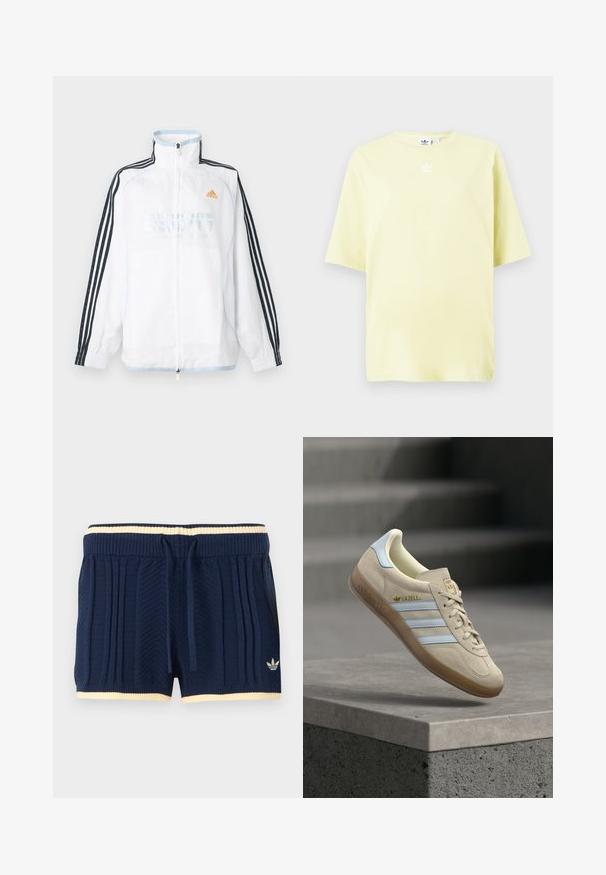 Λευκό μπουφάν Adidas με φερμουάρ και ψηλό γιακά, μαύρα μανίκια με τρεις ρίγες και πορτοκαλί λογότυπο στο στήθος.; Ανοιχτό κίτρινο μπλουζάκι Adidas με κοντά μανίκια και μικρό λευκό λογότυπο trefoil στο κέντρο, κοντά στον λαιμό.; Σκούρα μπλε πλεκτά σορτς με ραβδώσεις, εκρού φάσα στη μέση και το στρίφωμα, κορδόνι μπροστά και το λογότυπο Adidas στο αριστερό πόδι.; Μπεζ σουέντ αθλητικό παπούτσι με ανοιχτό μπλε ρίγες, με σόλα από καουτσούκ, χρυσό λογότυπο "Gazelle" και κλασικό σχέδιο με κορδόνια πάνω σε γκρι επιφάνεια.