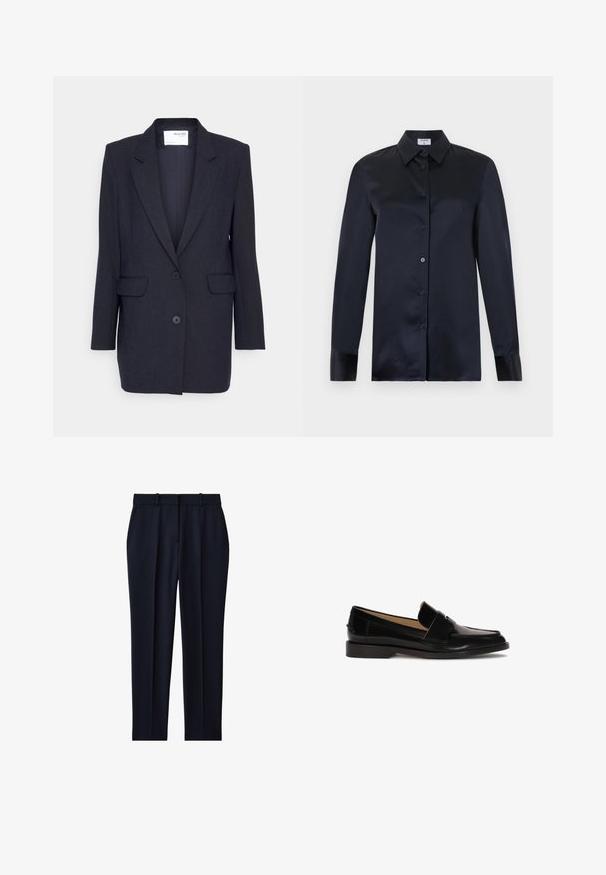 Mørkeblå blazer lavet af struktureret stof. Har en notch-lapel, to forlommer og dobbeltknaplukning. Lange ærmer.; Sort langærmet silke-bluse med spids krave, knappelukning foran og manchetærmer, vist på en ensfarvet lys baggrund.; Marineblå skræddersyede bukser med bæltestropper, sidelommer, forreste presning og lige ben pasform.; Sorte læder loafers med glat finish, afrundet tå og en dekorativ rem over fronten. Lav blokhælsdesign.
