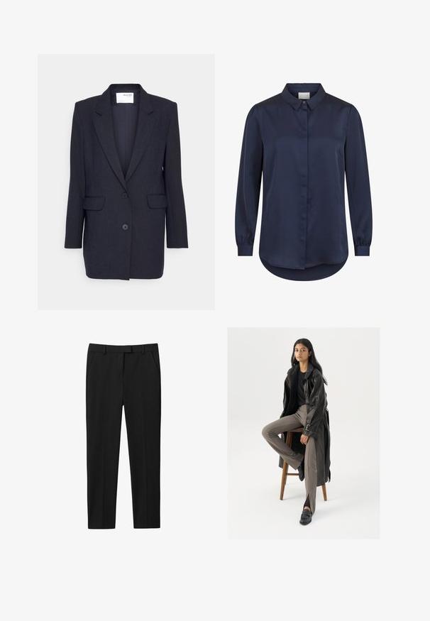 Mørkeblå blazer lavet af struktureret stof. Har en notch-lapel, to forlommer og dobbeltknaplukning. Lange ærmer.; Marineblå bluse med lange ærmer, knapper på manchetterne, skjulte knapper foran og en klassisk krave.; Sorte bukser med skræddersyet design, flad front, to sidelommer og lige benudskæring. Fremstillet af glat stof med en subtil glans.; Sort læder trench coat med knapper og bælte detalje, parret med lysebrune tætsiddende bukser og sorte loafers, siddende på en træstol.
