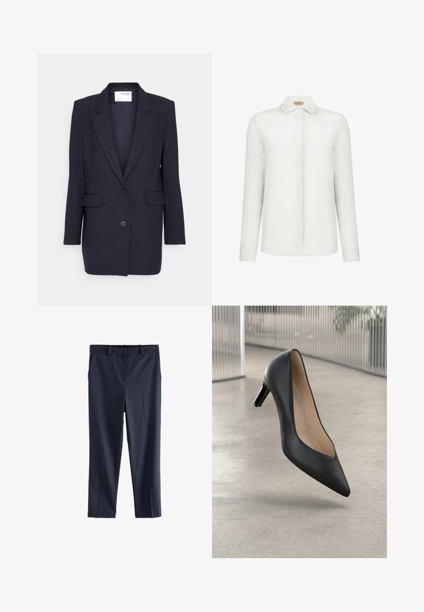 Donkerblauwe blazer van gestructureerde stof. Heeft een notch lapel, twee zijzakken en een dubbele knoopsluiting. Lange mouwen.; Wit overhemd met lange mouwen, verborgen knopen, klassieke kraag en rechte zoom, afgebeeld op een effen achtergrond.; Marineblauwe op maat gemaakte nette broek met riemlussen, voorzakken en rechte pijpen.; Zwarte leren hoge hak schoen met een spitse neus en een slanke silhouet, met een lage hak en een zachte binnenvoering.