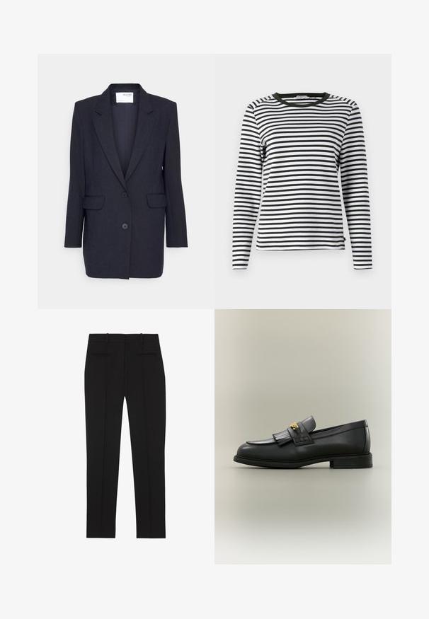 Donkerblauwe blazer van gestructureerde stof. Heeft een notch lapel, twee zijzakken en een dubbele knoopsluiting. Lange mouwen.; Langsleeve shirt in zwart-witte strepen, met een ronde groene halslijn. Zachte stof met een normale pasvorm en rechte zoom.; Zwarte, op maat gemaakte broek met rechte pijpen, riemlussen en twee paspelzakken aan de achterkant, ontworpen voor formeel gebruik.; Zwarte leren loafer met franjes en gouden embleem op een neutrale achtergrond, zijaanzicht.