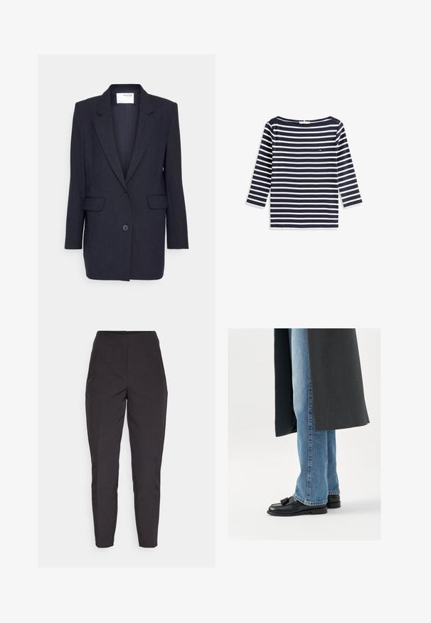 Mørkeblå blazer lavet af struktureret stof. Har en notch-lapel, to forlommer og dobbeltknaplukning. Lange ærmer.; Marineblå og hvide stribede langærmede skjorte med bred udfordring og lille logo-detalje på brystet, lavet af blød bomuldsstof.; Sorte skræddersyede bukser med en slim fit, der har en glat tekstur, sidelommer og plisseringer langs fronten.; Sorte læderloafer med kvaster, båret med lyseblå lige ben jeans, suppleres af en mørkegrå frakke. Rene linjer og struktureret stof.