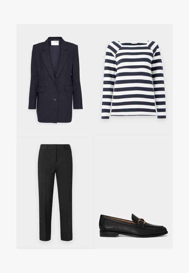 Donkerblauwe blazer van gestructureerde stof. Heeft een notch lapel, twee zijzakken en een dubbele knoopsluiting. Lange mouwen.; TOM TAILOR STRIPED CARRE NECK - Longsleeve - lunar eclipse/off white; Zwarte op maat gemaakte broek met een rechte pijp, platte voorkant en zonder zichtbare versieringen. Gemaakt van een gladde stof met een frisse afwerking.; Zwarte leren loafer met een kleine hak en decoratieve gouden gesp aan de voorkant, zijaanzicht op een witte achtergrond.