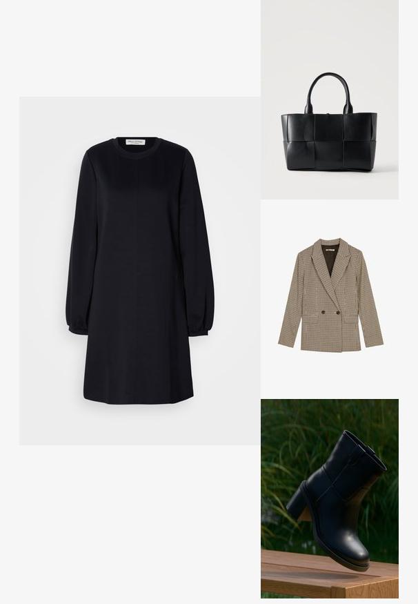 Blazer croisé en motif carreaux marron et noir, avec des revers crantés, des poches latérales et un tissu légèrement texturé.; Robe noire à manches longues avec un col rond, coupe ample et poignets froncés. Tissu lisse avec un design simple et minimaliste.; Bottine noire en cuir à talon bloc flottant au-dessus d'une surface en bois, avec de l'herbe verte en arrière-plan flou.; Sac fourre-tout en cuir noir avec de grands panneaux carrés tissés et deux poignées arrondies sur un fond clair uni.