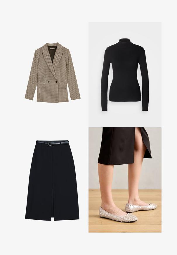 Blazer croisé en motif carreaux marron et noir, avec des revers crantés, des poches latérales et un tissu légèrement texturé.; Pull à col roulé noir en maille légère. Il possède des manches longues, une coupe ajustée et une texture côtelée douce.; Jupe noire à mi-cuisse avec une fente frontale, fabriquée en tissu lisse. Comprend une fine ceinture noire avec une boucle en argent et des passants.; Ballerines en sequins beiges avec un bout rond, ornées d'un accent nœud, associées à une jupe noire, exposées sur un sol en bois.