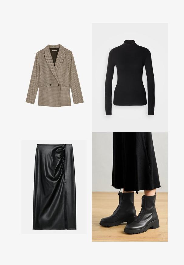 Dubbelzijdig blazer in een bruin en zwart geruit patroon, met gesneden revers, zijzakken en een licht gestructureerde stof.; Zwarte coltrui gemaakt van lichte brei stof. Heeft lange mouwen, een aansluitend design en een zachte ribbeltextuur.; Zwarte leren rok met een soepele textuur, voorzien van een geplooid gedeelte aan één kant en een zijspleet voor extra detail.; Zwarte leren enkelboots met een chunky platformzool en een rits aan de voorkant. Glad oppervlak met een minimalistisch ontwerp.