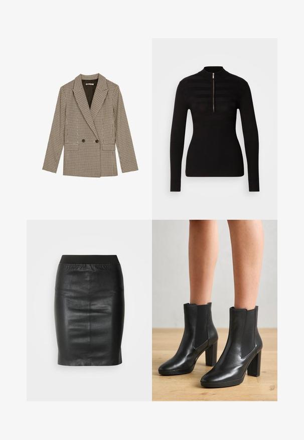 Blazer croisé en motif carreaux marron et noir, avec des revers crantés, des poches latérales et un tissu légèrement texturé.; Pull polo noir à manches longues avec demi-fermeture éclair, présentant des motifs de rayures horizontales et une texture côtelée aux poignets et à l'ourlet.; Jupe crayon noire en cuir lisse, dotée d'une taille élastique pour une silhouette ajustée et un design minimaliste.; Bottes noires en cuir jusqu'aux chevilles avec un talon carré, dotées de panneaux latéraux élastiques, d'une texture lisse et d'une silhouette épurée.