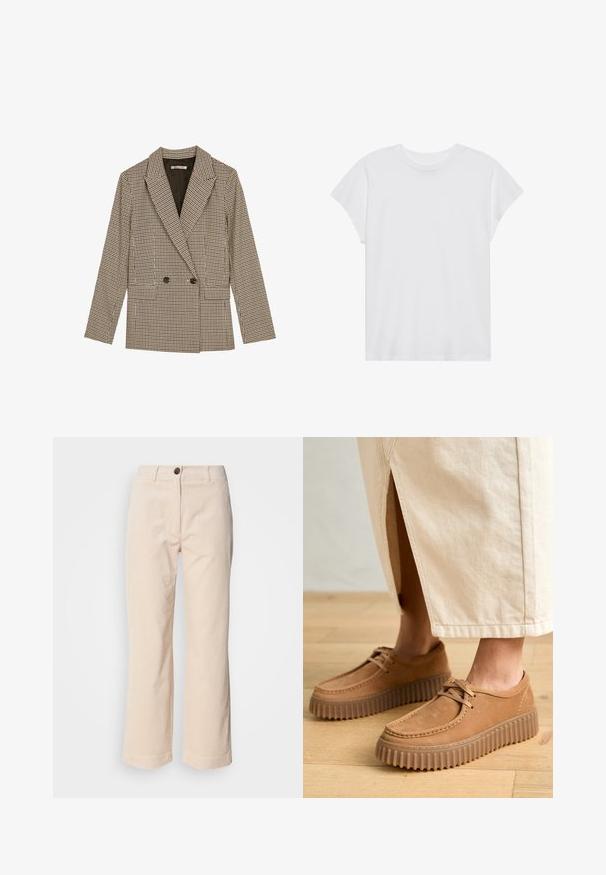 Dubbelzijdig blazer in een bruin en zwart geruit patroon, met gesneden revers, zijzakken en een licht gestructureerde stof.; Witte t-shirt met korte mouwen, ronde hals, relaxte pasvorm, gemaakt van zacht katoen. Glad textuur, geen patronen of logo's.; Beige corduroy broek met rechte benen, voorkant met knoopsluiting en zijzakken, zichtbaar op een witte achtergrond.; Tanleren schoenen met een gestructureerd oppervlak, ronde neus en dikke, geribbelde zolen. Veters en stiksels accentueren het ontwerp.