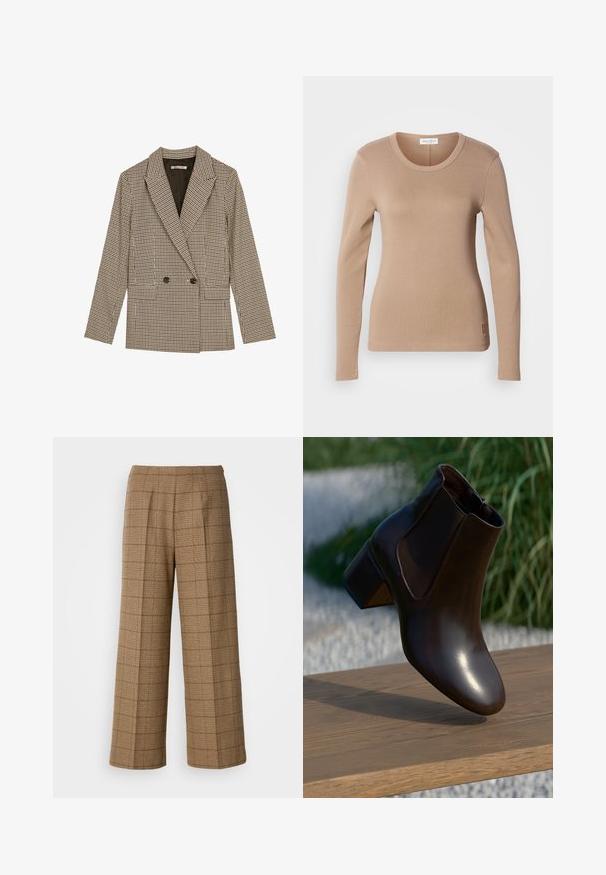 Dubbelzijdig blazer in een bruin en zwart geruit patroon, met gesneden revers, zijzakken en een licht gestructureerde stof.; Langwerpige top in lichtbeige, met een ronde halslijn en een slim fit. Gemaakt van zachte, rekbare stof met een subtiele textuur. Klein logo-detail op de zoom.; Bruin geruite wijde pantalon met een op maat gemaakte pasvorm, gekenmerkt door een textuurstof en voorplooien voor extra structuur.; Bruine leren enkelboot met een ronde neus en een lage blokhak, voorzien van elastische zijpanelen en een gladde, glanzende afwerking.