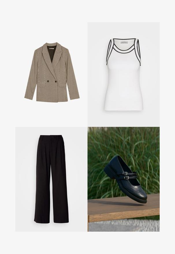 Blazer croisé en motif carreaux marron et noir, avec des revers crantés, des poches latérales et un tissu légèrement texturé.; Débardeur blanc en tissu côtelé, avec des accents noirs le long de l'encolure et des emmanchures, présentant une silhouette ajustée.; Pantalon large noir en tissu lisse, avec des plis à l'avant, une taille ajustée, et sans motifs ni accents visibles.; Chaussure Mary Jane en cuir noir avec doubles brides bouclées et détails brogue, flottant au-dessus d'un banc en bois avec en arrière-plan de l'herbe verte.