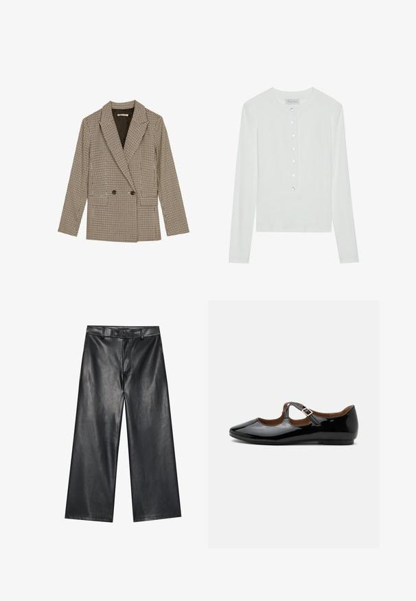 Blazer croisé en motif carreaux marron et noir, avec des revers crantés, des poches latérales et un tissu légèrement texturé.; Haut à manches longues blanc en tissu côtelé, avec un col rond et un devant boutonné comportant six boutons transparents.; Pantalons en cuir noir largement coupés avec une texture lisse, des passants de ceinture et une fermeture éclair à l'avant. Présente un ajustement lâche et des détails de couture soignés.; Chaussure plate Mary Jane en cuir verni noir avec deux découpes et une bride à boucle dorée sur fond blanc.