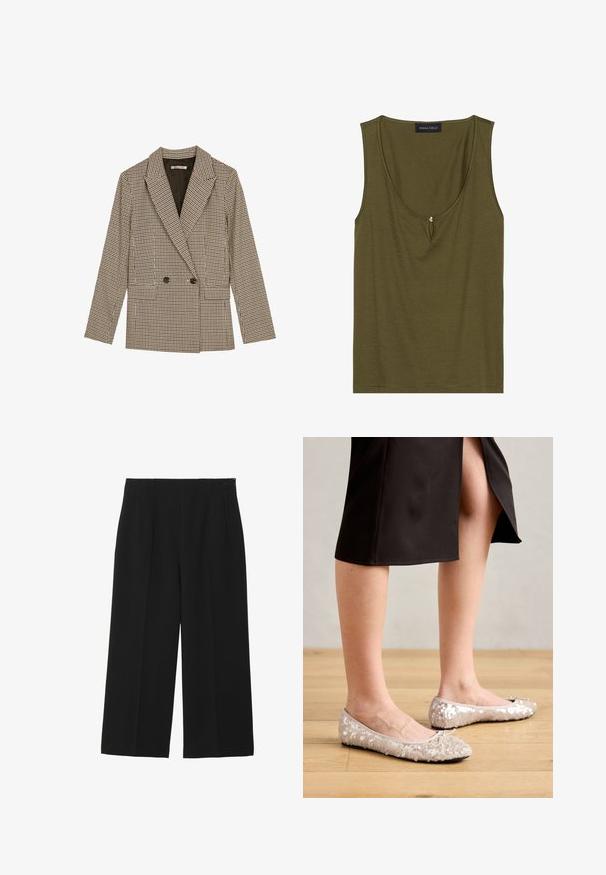 Dubbelzijdig blazer in een bruin en zwart geruit patroon, met gesneden revers, zijzakken en een licht gestructureerde stof.; Olijfgroene mouwloze top van zacht katoen met een ronde halslijn en een sleutelgatdetail aan de voorkant, voorzien van een decoratieve kraalaccent.; Zwarte wijde broek gemaakt van een gladde stof, met twee voorkruiszakken, een vlakke voorkant en een ritssluiting aan de zijkant.; Beige sequined balletschoenen met een ronde neus, voorzien van een strikaccent, gecombineerd met een zwarte rok, gepresenteerd op een houten vloer.