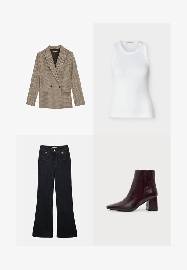 Dubbelzijdig blazer in een bruin en zwart geruit patroon, met gesneden revers, zijzakken en een licht gestructureerde stof.; Witte geribbelde mouwloze tanktop met ronde halslijn, slanke pasvorm en Scotch & Soda merklabel binnenin de kraag.; Flared donkerdenim jeans met een hoge taille, twee voorzakken en oranje stiksels. Het materiaal lijkt stevig en glad.; Donkerbruine leren enkellaarsjes met puntige neus en blokhak op een effen lichtgrijze achtergrond.