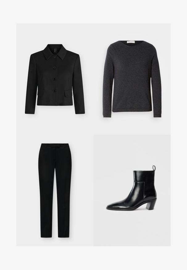 Veste noire à manches longues et col, avec quatre gros boutons et deux poches à rabat sur le devant, présentée sur un fond clair et uni.; Chemise en coton à manches longues gris foncé avec un col rond et des poignets côtelés. Texture lisse et design simple sans motifs ni éléments apparents.; Pantalon noir slim-fit formel avec poches avant et passants de ceinture, affiché à plat sur un fond gris clair.; Bottine en cuir noir avec un bout pointu, un talon empilé géométrique et une languette à l'arrière. Texture lisse et design épuré.