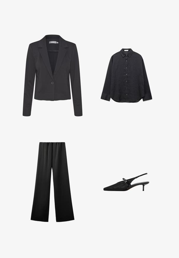 Zwarte op maat gemaakte blazer van gladde stof, met een notch-kraag, een enkele knoopsluiting en lange mouwen.; Zwarte blouse met lange mouwen, knoopsluiting, puntige kraag en brede manchetten, plat weergegeven op een witte achtergrond.; Zwarte broek met wijde pijpen en een elastische tailleband, gemaakt van gladde stof, plat liggend weergegeven tegen een witte achtergrond.; Zwarte slingback hakken met puntige neuzen, een gestructureerde mesh bovenkant, slanke verstelbare band met zilveren gesp en 5 cm stiletto hakken.