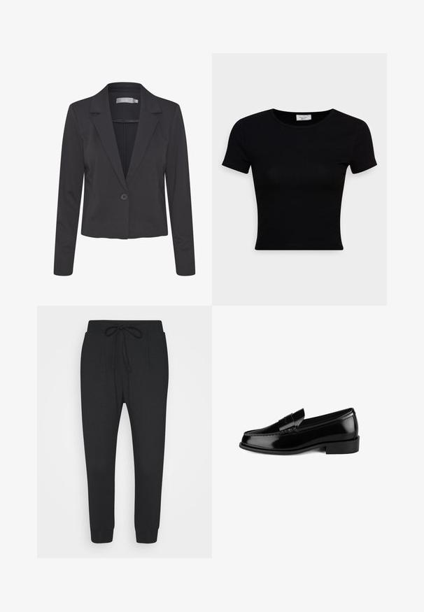 Zwarte op maat gemaakte blazer van gladde stof, met een notch-kraag, een enkele knoopsluiting en lange mouwen.; Zwarte korte mouwen t-shirt van gladde katoenstof, met een ronde hals en een getailleerd ontwerp. Minimalistisch zonder zichtbare patronen.; Zwarte tapered joggerbroeken met een drawstring taille en boorden bij de enkels, gemaakt van zacht materiaal voor casual gebruik.; Zwarte patenten leren instapper met een platte zool, gestikte details en een decoratieve strip over het bovenste gedeelte. Glad, glanzende afwerking.