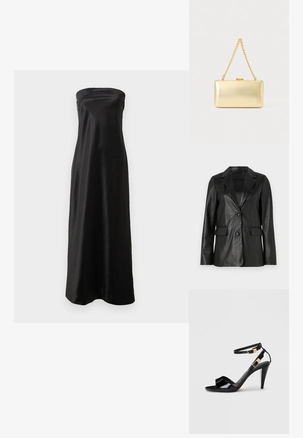 Blazer en cuir noir avec col cranté, deux poches avant, fermeture à bouton unique et texture lisse. Coupe ajustée avec manches longues.; Robe maxi noire sans bretelles en satin, avec un design simple, une texture lisse et une silhouette fluide.; Sandale à talon haut en cuir verni noir avec double bride de cheville et boucles dorées, bout ouvert, et talon effilé sur fond neutre.; Pochette rectangulaire dorée à finition brillante, fermoir en métal et courte anse en chaîne dorée sur un fond uni clair.
