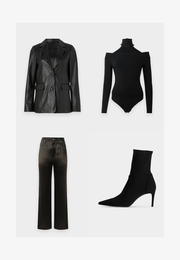 Blazer en cuir noir avec col cranté, deux poches avant, fermeture à bouton unique et texture lisse. Coupe ajustée avec manches longues.; Bodysuit noir à manches longues avec décolleté à épaules dénudées et col roulé haut, comportant des fermetures à pression à l'entrejambe.; Pantalon large en satin noir avec une taille haute, doté de poches latérales et d'accents en boutons métalliques. Texture lisse et design épuré.; Bottine noire à bout pointu et talon haut et fin, présentée de profil sur fond clair. Design épuré et minimaliste.
