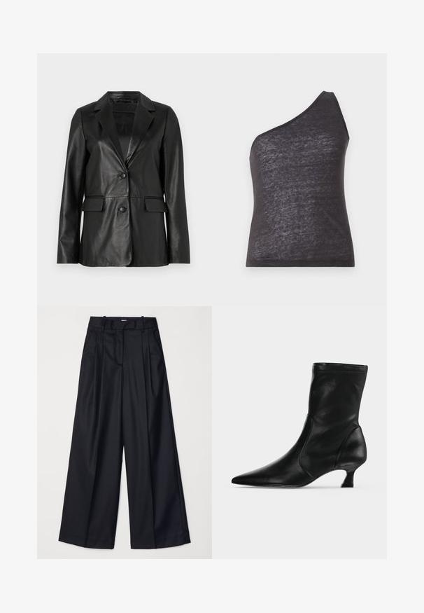 Blazer en cuir noir avec col cranté, deux poches avant, fermeture à bouton unique et texture lisse. Coupe ajustée avec manches longues.; Débardeur asymétrique noir avec une seule bretelle, fabriqué en tissu doux et légèrement transparent, présentant une silhouette ajustée et une texture lisse.; Pantalons noirs à jambes larges en tissu lisse, dotés d'une taille haute, de plis et d'une coupe ajustée. Quincaillerie noire simple à la taille.; Botte mi-mollet en cuir noir avec bout pointu et petit talon kitten, vue de profil sur un fond clair uni.