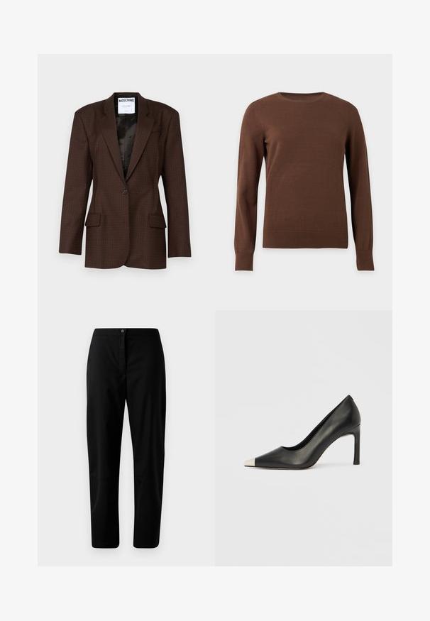 Hnedý patterned blazer vyrobený z textúrovanej tkaniny, s jedným gombíkom na zapínanie, špicatými klopami a dvoma prednými vreckami. Viditeľná čierna podšívka.; Hnedý pulóver s okrúhlym výstrihom a dlhými rukávmi, s rebrovanými manžetami a lemom, zobrazený na jednoduchom svetlom pozadí.; Čierne nohavice so stupňovým strihom, zapínanie na gombík a zips, hladká tkanina a minimálne detaily na svetlom pozadí.; Čierna kožená lodička s vysokým opätkom, špičkou a kovovou striebornou špičkou. Má hladký povrch a štíhly 10 cm opätok.