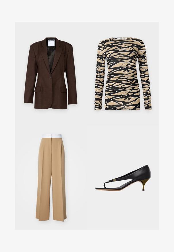 Hnedý patterned blazer vyrobený z textúrovanej tkaniny, s jedným gombíkom na zapínanie, špicatými klopami a dvoma prednými vreckami. Viditeľná čierna podšívka.; Dlhý rukáv s čiernym a béžovým abstraktným vlnitým vzorom na hladkej, elastickej tkanine. Fitrý dizajn s okrúhlym výstrihom a úzkymi rukávmi.; Široké nohavice vyrobené zo svetlohnedej tkaniny s kontrastným bielym pásom. Majú čisté línie a žiadne viditeľné vzory ani ozdoby.; Čierna kožená sandála na nízkom podpätku s tenkým remienkom na prstoch a zlatým emblémom na boku.