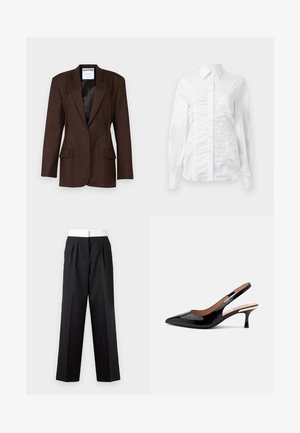 Bruine blazer met een patroon, gemaakt van textuurstof, met een enkele knoopsluiting, puntige revers en twee voorzakken. Zwarte voering zichtbaar.; Witte button-up blouse met lange mouwen, voorzien van een gerimpelde textuur aan de voorkant, kleine gouden knopen en een standaard kraag.; Zwarte plooibroek met een brede witte tailleband, met een rechte snit en een strakke textuur voor een gestructureerde uitstraling.; Zwarte lakleren slingback pump met puntige neus en lage kittenheel op een eenvoudige witte achtergrond.