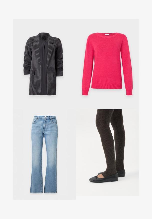 Blazer gris foncé avec des rayures blanches, revers crantés, manches longues et deux poches à l'avant ; tissu texturé avec une finition douce.; Pull fuchsia avec un col rond, des manches longues et des poignets et un ourlet côtelés. Confectionné en maille douce avec une texture lisse.; Jean en denim bleu clair taille haute avec une jambe légèrement évasée et un design classique à cinq poches.; Jambes portant des leggings côtelés foncés associés à des ballerines noires avec de petits détails en nœud sur fond blanc.