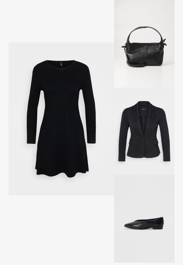 Blazer noir avec une coupe ajustée, deux poches avant, fermeture à un bouton et revers crantés, fabriqué à partir d'un tissu texturé.; Robe noire à côtes avec des manches longues, un col rond et une jupe évasée. Comprend des boutons le long des poignets pour un détail supplémentaire.; Chaussure plate en cuir noir avec un bout pointu, un léger talon surélevé et une surface lisse. Design simple sans matériel ou motifs visibles.; Sac à main en cuir noir au design structuré, avec une poignée arrondie et une bandoulière amovible. Présente une texture lisse et un éclat subtil.