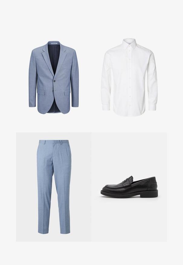 Blazer bleu clair en tissu texturé, à boutonnage simple, avec un col cranté, deux poches avant et une doublure intérieure bleu marine.; Chemise blanche à manches longues avec boutons, col pointu, boutons visibles sur le devant et poignets fermés par des boutons.; Pantalons sur mesure bleu clair avec une finition texturée, un design ajusté et une coupe droite. Comprend des poches avant et des passants de ceinture.; Mocassins en cuir noir avec un bout arrondi, des coutures ton sur ton et un détail de sangle à l'avant. Semelle en caoutchouc avec un petit talon.