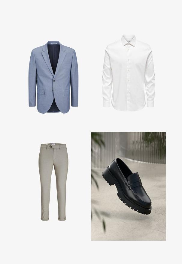 Blazer bleu clair en tissu texturé, à boutonnage simple, avec un col cranté, deux poches avant et une doublure intérieure bleu marine.; Chemise blanche pour homme à manches longues avec col pointu et rangée avant de boutons blancs sur fond uni.; Chino beige clair en tissu texturé, avec une taille plate, une fermeture à bouton et des ourlets roulés au niveau des chevilles.; Mocassins en cuir noir avec une semelle à crampons épaisse, dotés d'une sangle décorative et de détails de couture. Texture lisse avec une finition polie.