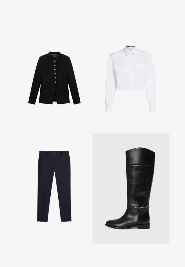 Zwarte jas met hoge kraag, voorzien van zeven gouden knopen aan de voorkant, nauwsluitend ontwerp, gladde textuur en getailleerde silhoutte.; Witte cropped blouse van glad katoen met een spitse kraag, lange mouwen en een subtiel zakdetail aan de linkerkant.; Heren slim-fit broek in donkerblauw met riemlussen, voorzakken, gulp en kleine splitjes aan de voorkant van de pijpen bij de zoom.; Zwarte leren kniehoge laars met een rechte vorm, ronde neus, lage hak en een gouden kettingaccent bij de enkel. Glad van textuur.