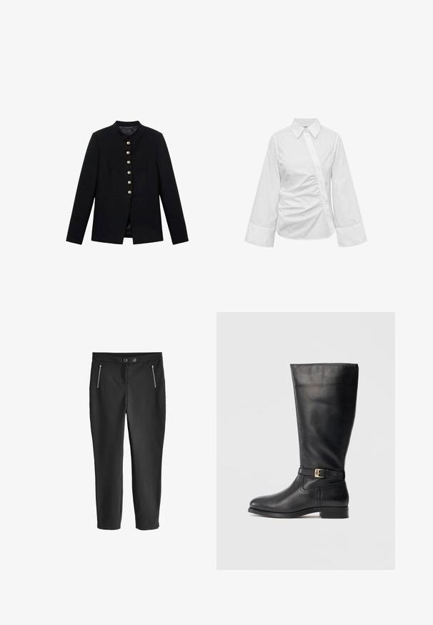Zwarte jas met hoge kraag, voorzien van zeven gouden knopen aan de voorkant, nauwsluitend ontwerp, gladde textuur en getailleerde silhoutte.; Witte blouse met lange mouwen, asymmetrische knoopsluiting en gerimpeld detail aan de voorkant, met brede manchetten en een puntige kraag.; Next SKINNY PETITE - Broek - mottled black; Zwarte leren laarzen tot de knie met een gladde textuur, een klein gouden gespdetail, ronde neus en een lage, gestapelde hak. Eenvoudig, strak ontwerp.