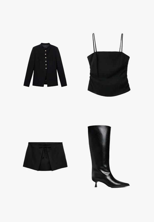 Zwarte jas met hoge kraag, voorzien van zeven gouden knopen aan de voorkant, nauwsluitend ontwerp, gladde textuur en getailleerde silhoutte.; Zwart dames top zonder mouwen met dunne spaghettibandjes en een rechte halslijn, met een licht geplooide en aansluitende pasvorm.; Zwarte wikkelstijl minirok met voorplooidetail en een kleine strik bij de tailleband.; Zwarte leren laars tot de knie met een puntige neus, slank silhouet en een lage blokhak met een glanzende afwerking.
