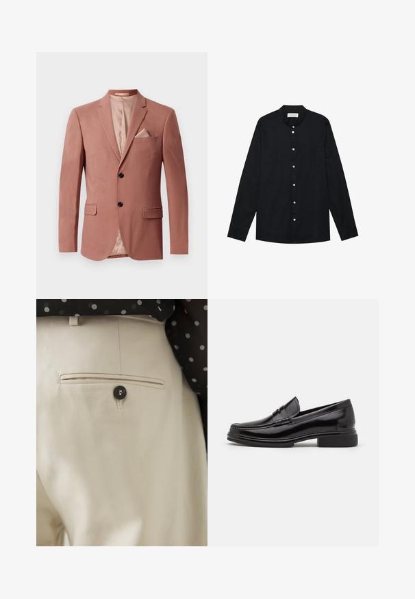 Blazer bordeaux avec deux poches frontales, fermeture à un bouton, revers pointus et doublure en satin. Comprend un mouchoir assorti.; Chemise noire à manches longues en coton avec col arrondi, fermeture à boutons sur le devant, une poche poitrine et des poignets aux manches.; Pantalon beige en tissu texturé avec une poche arrière fermée par un bouton noir. Finitions de couture discrètes le long de la poche.; Mocassins en cuir noir avec un embout arrondi, présentant un détail cousu sur le dessus, et un petit talon carré. Texture lisse et finition brillante.