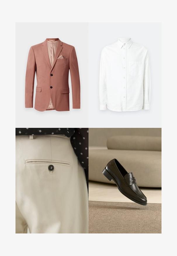 Blazer bordeaux avec deux poches frontales, fermeture à un bouton, revers pointus et doublure en satin. Comprend un mouchoir assorti.; Chemise blanche à manches longues avec boutons, en tissu léger. Présente une poche poitrine, un col classique et une texture subtile.; Pantalon beige en tissu texturé avec une poche arrière fermée par un bouton noir. Finitions de couture discrètes le long de la poche.; Mocassin en cuir noir flottant au-dessus d'un tapis beige avec un canapé beige en arrière-plan, mettant en valeur le design classique pour hommes sans lacets.