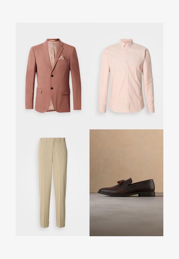 Blazer bordeaux avec deux poches frontales, fermeture à un bouton, revers pointus et doublure en satin. Comprend un mouchoir assorti.; Chemise rose clair à manches longues avec col à boutons, patte de boutonnage avant et poignets standards. Fabriquée en tissu tissé lisse.; Pantalon beige à jambes droites, confectionné dans un tissu lisse, avec un devant plat et sans poches ni ornements visibles.; Mocassin en cuir marron foncé avec des pampilles flottant au-dessus d’un tapis beige tissé, avec une table ronde en bois et des livres empilés en arrière-plan.