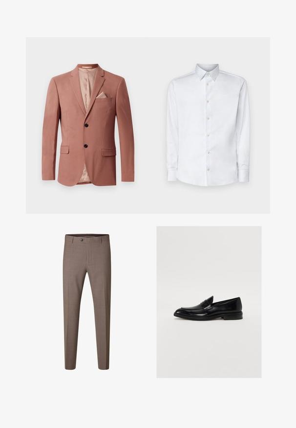Blazer bordeaux avec deux poches frontales, fermeture à un bouton, revers pointus et doublure en satin. Comprend un mouchoir assorti.; Chemise blanche à manches longues en tissu lisse, dotée d'un col classique, d'une patte de boutonnage et de poignets avec boutons, présentée sur un fond uni.; Pantalon formel marron slim fit avec bouton et passants de ceinture, présenté sur fond blanc.; Mocassin en cuir noir avec une pointe arrondie, des coutures discrètes et une finition lisse. Doté d'un talon bas empilé et d'une sangle sur le cou-de-pied.