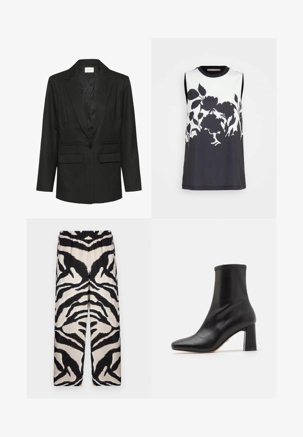 Blazer noir avec revers, fermeture à un bouton, deux poches avant, coupe ajustée et texture lisse. Intérieur doublé assorti en noir.; Anna Field Blouse - black/white; Pantalons à jambes larges à motifs noir et beige, avec une taille élastique, mettant en valeur un audacieux motif de rayures zèbre dans un tissu lisse.; Bottine en cuir noir avec une texture lisse, bout pointu et talon bloc. Présente une tige extensible avec des coutures contrastantes.