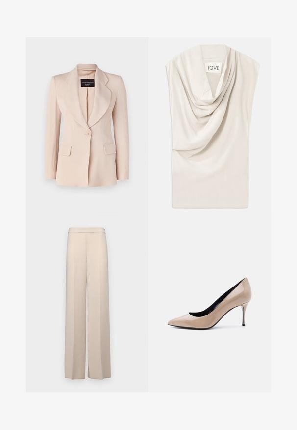 Lys pink blazer med skræddersyet pasform, klapkraver, enkelt knaplukning og to forreste påsyede lommer. Lavet af ribbet stof.; Lys beige top med draperet halsudskæring, lavet af blødt stof. Har en subtil glans og bred, ærmeløs design. Etiketten siger "TOVE."; Beige vidde bukser i et glat stof med høj talje og subtile frontfolder. Ingen lommer eller synlige hardware detaljer.; Beige laklæder peep-toe højhælet sko med smal stilet-hæl og sort inderfor på hvid baggrund.