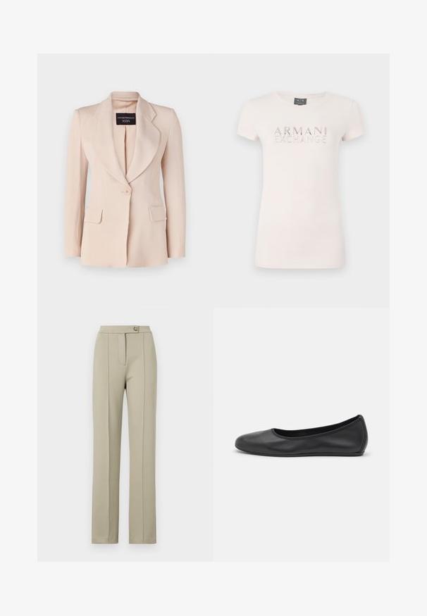 Lys pink blazer med skræddersyet pasform, klapkraver, enkelt knaplukning og to forreste påsyede lommer. Lavet af ribbet stof.; Lyserød kortærmet T-shirt med et præget logo "ARMANI EXCHANGE" i metallisk finish. Blødt stof, klassisk rund halsudskæring, tætsiddende pasform.; Beige skræddersyede bukser med lige pasform, der har en frontlynlås, en enkelt knaplukning og diskrete pressede folder ned ad frontbenene.; Sort læderballetsko med rund tå, glat tekstur, minimal syning og et fleksibelt såldesign.