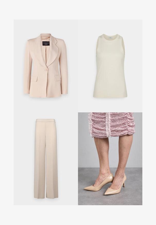 Lys pink blazer med skræddersyet pasform, klapkraver, enkelt knaplukning og to forreste påsyede lommer. Lavet af ribbet stof.; IVY OAK KLARA ANN - Top - almond milk; Beige vidde bukser i et glat stof med høj talje og subtile frontfolder. Ingen lommer eller synlige hardware detaljer.; Beige patenteret læderhæle med spids tå og slank hæl. Glat tekstur med et strømlinet design. Båret med en pink glitrende kjole.