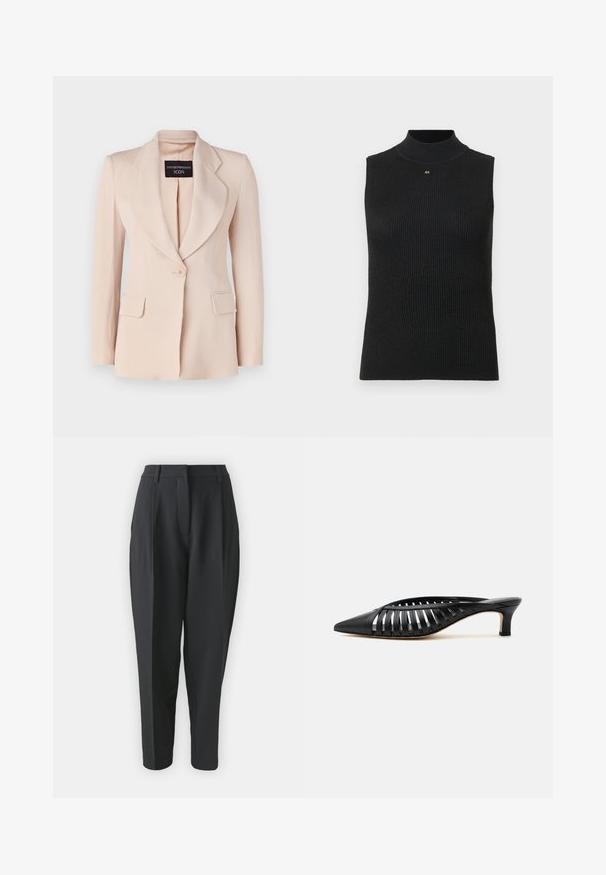 Heled roosa bleiser, millel on kohandatud lõige, kõrvallapid, üksnupuline sulgemine ja kaks esimest taskut. Valmistatud ribakanga materjalist.; Must have mustreidega ilma varrukateta turtleneck top, millel on väike kuldne "AX" logo kaeluse all, helehallil taustal.; Mustad kõrge vöökoht, pleatide ja kitseneva säärega mustad suvemonoko. Sile kangas, ilma nähtavate mustrite või kaunistusteta.; Mustast nahast mule terava varbaosaga, rihmadega ja madala kitten-kontsaga valgel taustal.