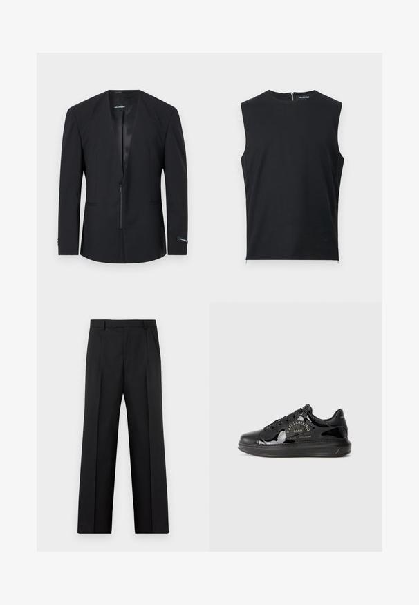 Blazer noir sur mesure à manches longues, fermeture éclair à l'avant et coupe slim, présenté sur un fond clair uni.; Haut noir sans manches avec col ras du cou montant et fermeture éclair au dos, présenté à plat sur un fond blanc.; Pantalon noir habillé à jambes droites avec plis avant, poches latérales et taille avec passants de ceinture, présenté à plat sur un fond blanc.; Baskets en cuir verni noir avec un bout rond, des détails de logo et des semelles en caoutchouc noir. Caractérisées par des lacets élégants et une finition brillante.