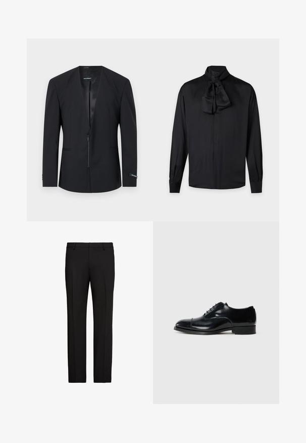 Blazer noir sur mesure à manches longues, fermeture éclair à l'avant et coupe slim, présenté sur un fond clair uni.; Blouse noire à manches longues avec col haut et grand nœud en satin noué au cou, dotée de poignets boutonnés et de boutons cachés à l'avant.; Pantalon formel noir avec passants de ceinture, pli de couture à l'avant et coupe droite, sur fond blanc.; Chaussure de ville en cuir noir avec une finition polie, bout rond, design à lacets et un petit talon empilé, présentant un détail de couture subtil.